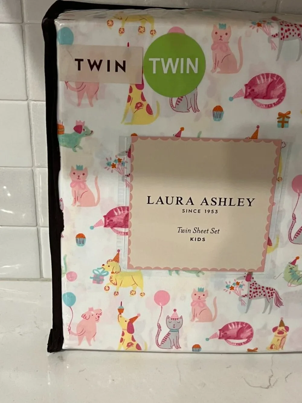 LAURA ASHLEY KIDS Twin White PARTY ANIMALS Sheet Set 3pc Dog Cat Pug Dachshund